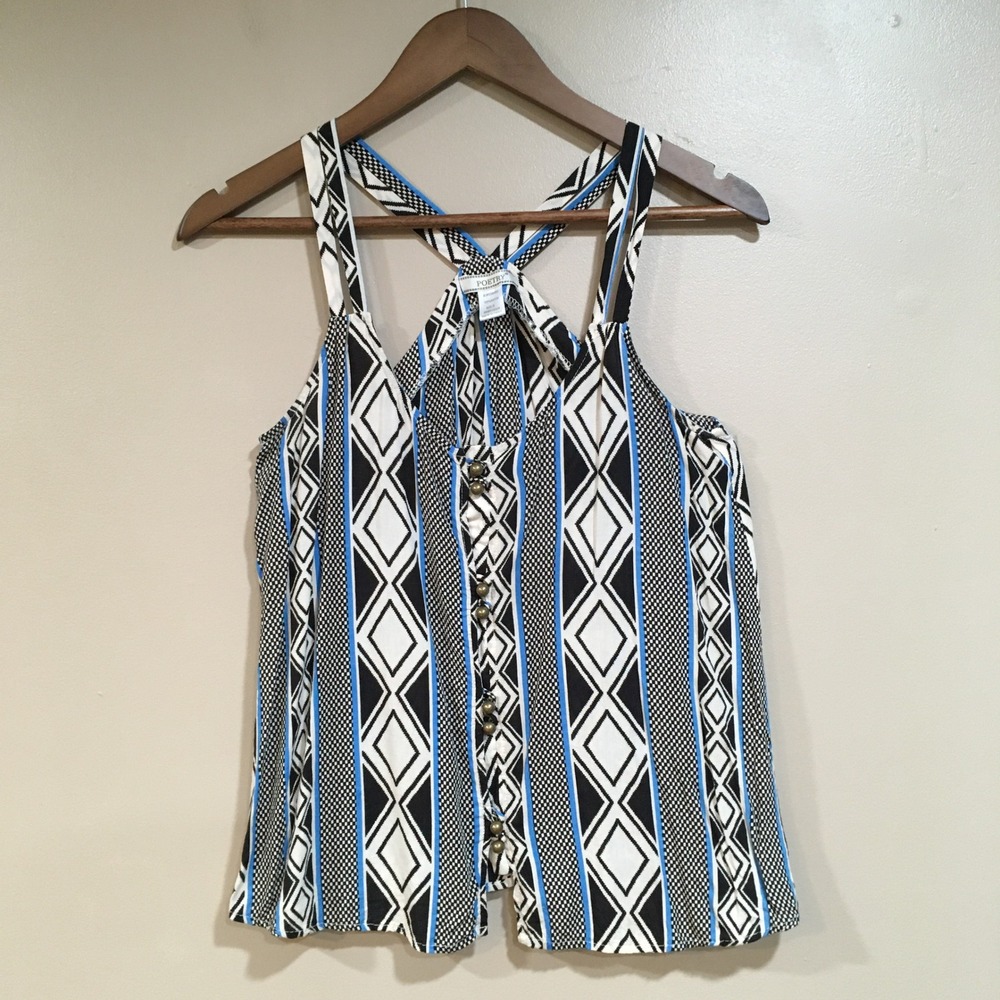 Poetry Tribal Print Strappy Tank Top Womens S Blue Boho Festival Geometric Beach